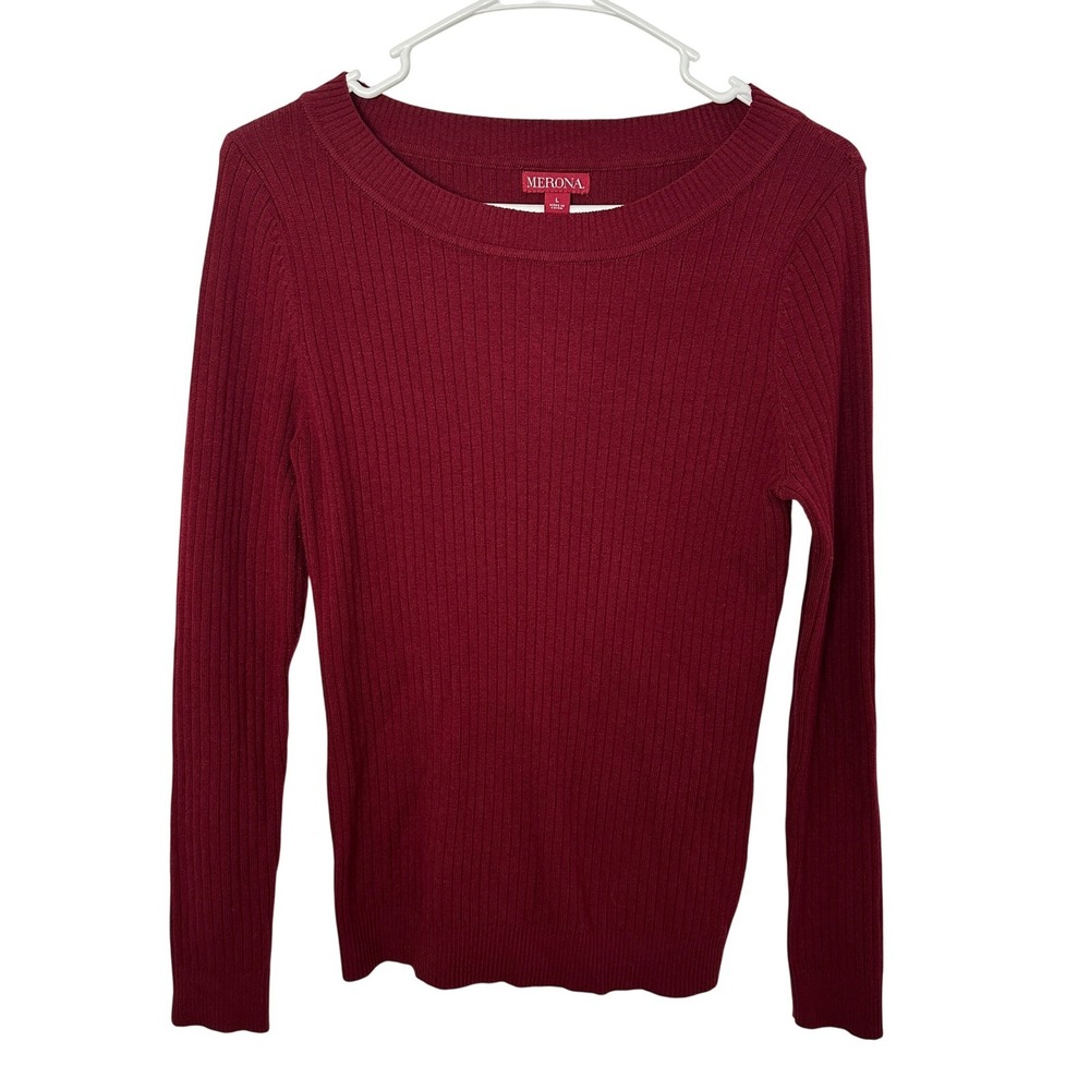 Merona Womens Burgundy Ribbed Knit Scoop Neck Long Sleeve Sweater Large